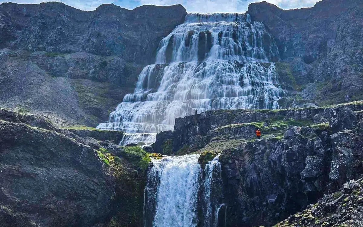 The tiers of Dynjandi waterfall seen from below