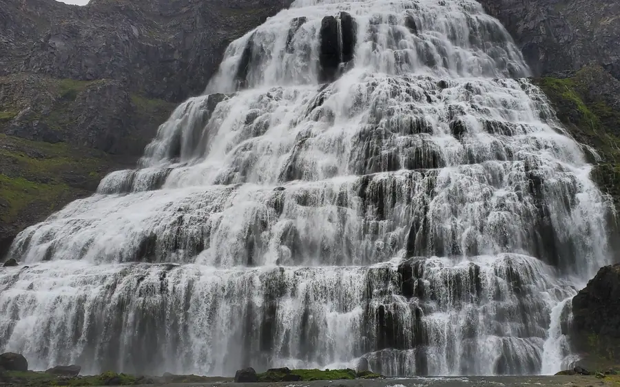 The tiers of Dynjandi waterfall seen from below