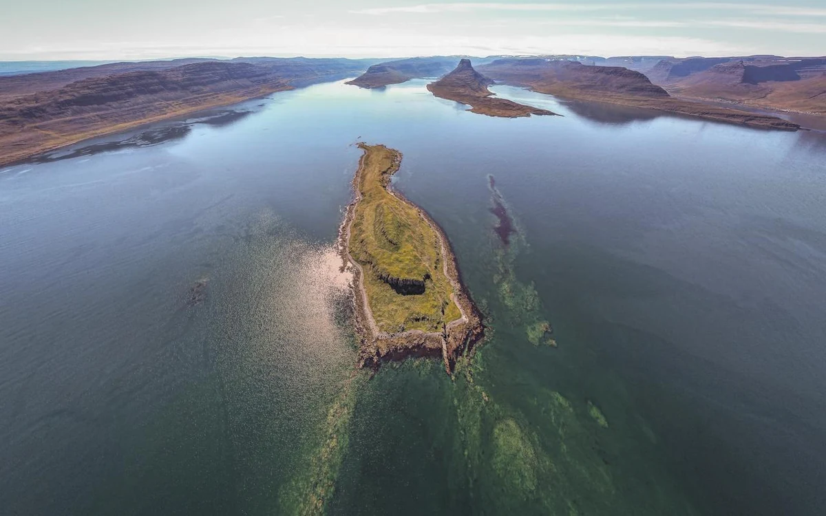 Vigur Island in the fjord seen from the air